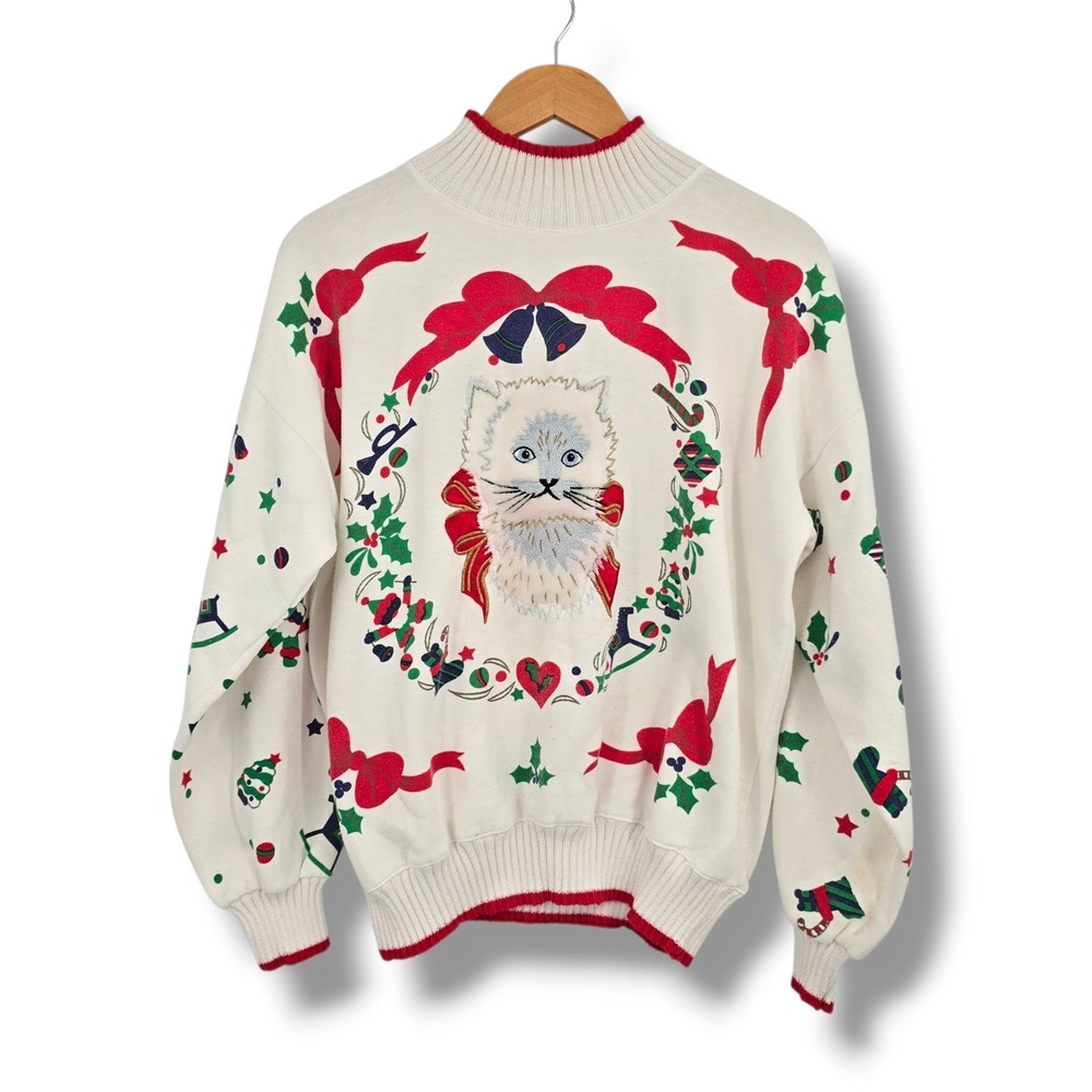 Vintage Christmas Cat Wreath Sweatshirt White Mock Neck Holiday Fleece Large